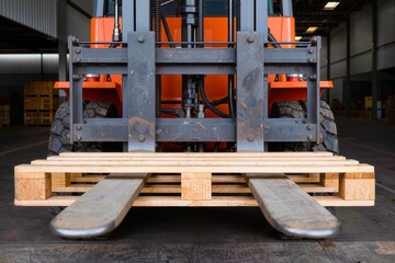 Fototapeta premium A close-up shot of an industrial forklift machine parked inside a warehouse with a wooden pallet.