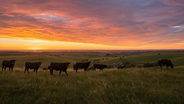 Angus cattle in a Kansas valley at sunset.