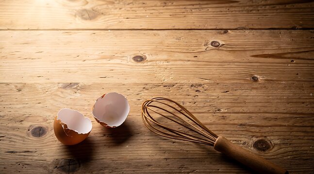 A broken eggshell and a whisk lie on a rustic wooden surface, suggesting preparation for baking or cooking.