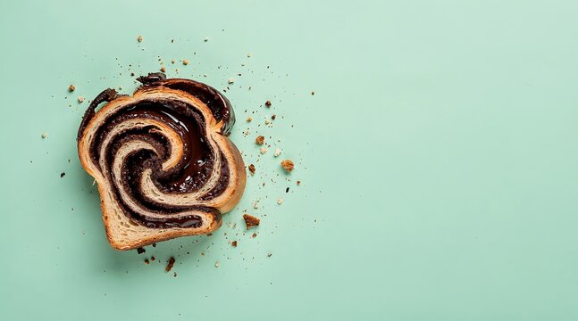 A single slice of swirled chocolate babka bread, artfully arranged on a pastel mint green background with scattered crumbs.