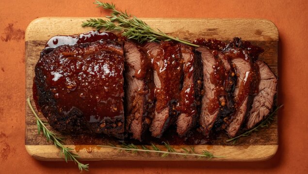 Barbecue beef brisket with sauce on a wooden board. Orange backdrop. Bird's-eye view.