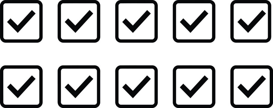 Ten black check mark icons in square frames confirmation and approval symbols