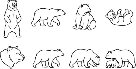 Bear Outline Collection Featuring Standing Walking Sitting Mother and Cub Playing Bear Wildlife Animal Line Art Illustrations © MdBabul