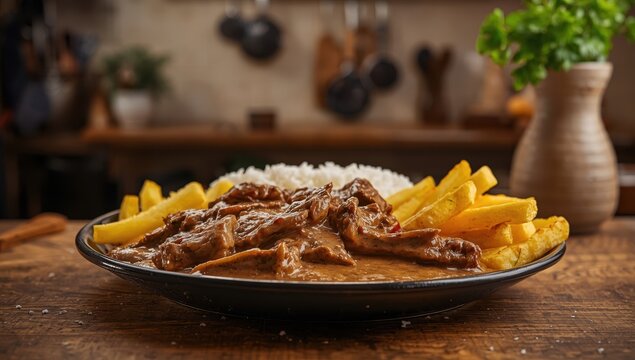 beef stroganoff served with rice and fries