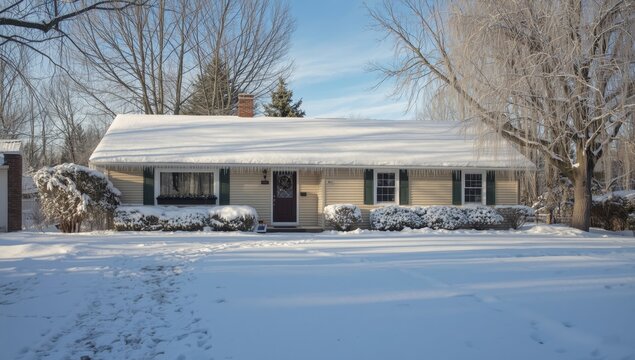 Beige ranch house blanketed by snow following winter storm in the Northeast.