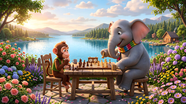 Cute cartoon monkey and elephant playing chess outdoors near a lake at sunrise