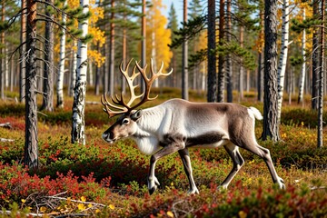 Obraz premium Majestic reindeer walks through autumn boreal forest. Tall pine and birch trees surround the animal. Low green and red bushes carpet forest floor. Bright sunny day illuminates woodland.