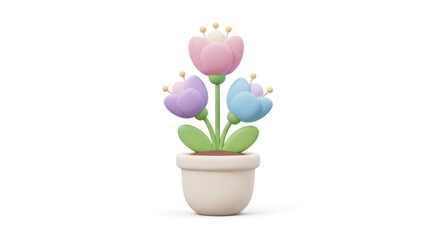 Obraz premium Three colorful stylized flowers in a decorative pot on a white background
