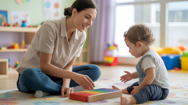 A cheerful young female teacher with dark hair interacts kindly with a small toddler while playing with a colorful wooden abacus on the soft floor.
