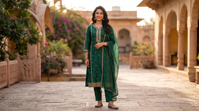 Elegant indian woman in traditional dark green kurta set