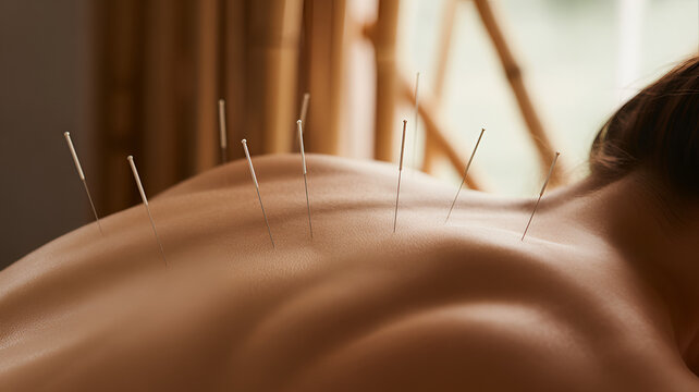 Close up view of a person receiving professional acupuncture treatment with thin metal needles inserted into the skin of their bare back for pain relief therapy.