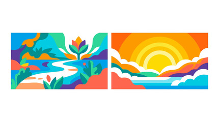 Obraz premium Colorful Abstract Flat Vector Landscape Illustration with Sun and Nature