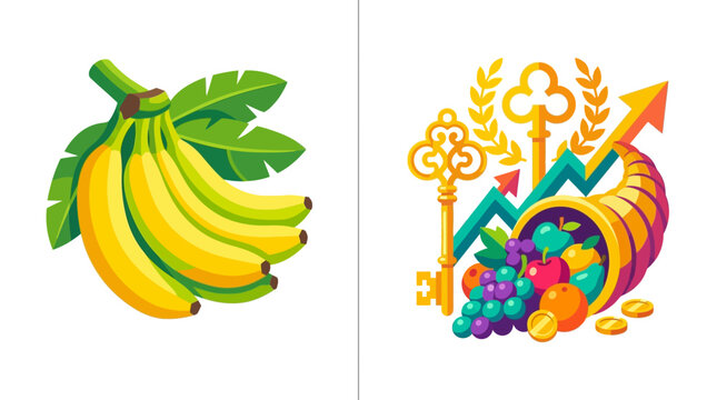 Flat vector illustration of fresh bananas and cornucopia showing prosperity