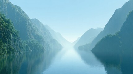 Obraz premium Serene Mountain Landscape with Calm Water and Misty Hills in a Tranquil Setting Reflecting Soft Light Under Clear Blue Sky