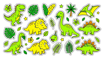 Cute cartoon dinosaurs and tropical leaves sticker set © Abdul