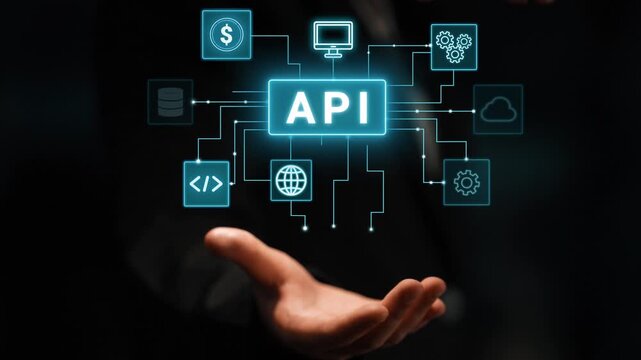 Hands Holding Futuristic API Technology Visual with Interactive Icons Representing Data Management, Cloud Storage, and Digital Connectivity Interfaces. Entropy.