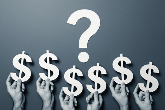People hold dollar signs with question mark above. Financial uncertainty, economic questions, wealth dilemmas. Represents confusion about money matters, investment choices, future earnings.