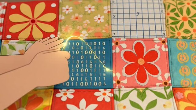 Woman and girl making patchwork quilt.