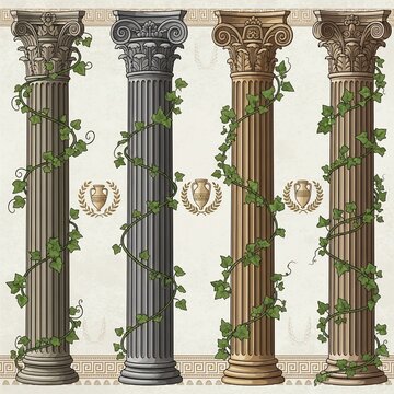 Ancient Pillars Reclaimed by Nature: Elegant Ivy Climbs Timeless Stone