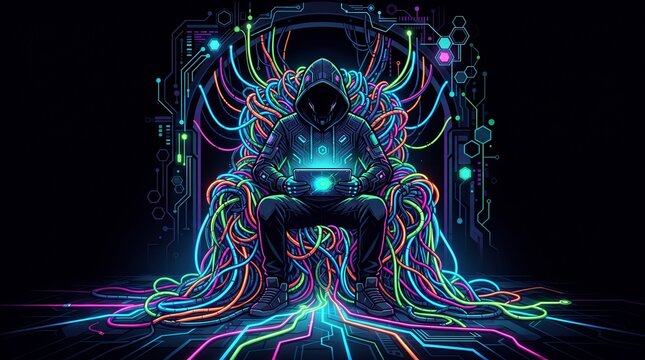 Hacker sitting on a neon throne connected to glowing digital cables in a dark room