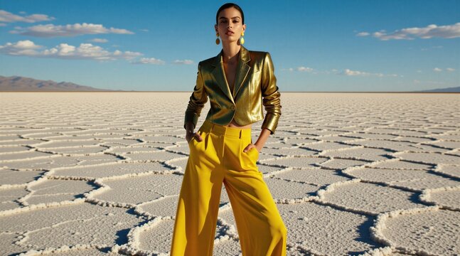 Young female model stands on white salt desert surface wearing yellow bright trousers, metallic gold blazer. Pro woman poses in sunny weather during outdoor editorial fashion session under blue sky.