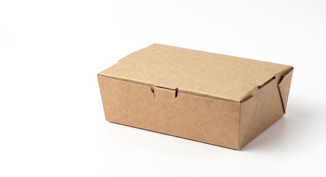 Cardboard box for food delivery. Brown paper takeaway container on white background. Ecological packaging for lunch, snacks and fast food. Minimalist design for restaurant industry.
