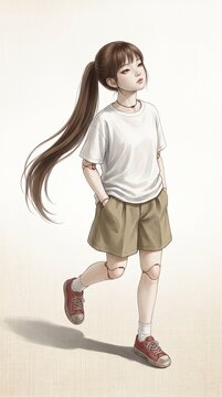 Full-length view of a ponytailed ball-jointed doll girl walking in a white T-shirt and khaki shorts with a shadow