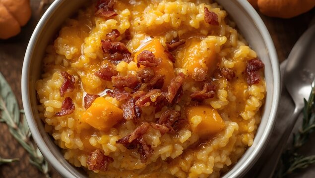 Close-up of pumpkin and bacon risotto.