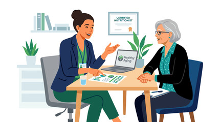 Fototapeta premium Nutritionist consulting senior woman about healthy aging plan