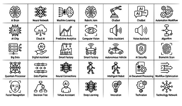 Artificial Intelligence Automation Thin Line Icon Set with AI Brain Robot Machine Learning and Smart Technology Vector Collection