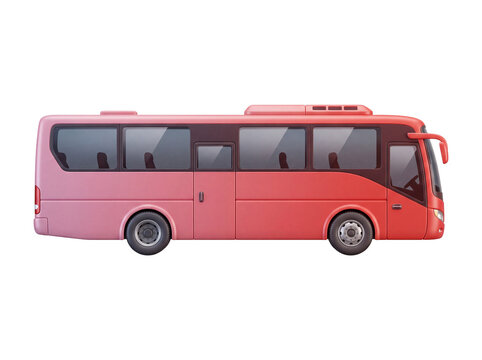 Red passenger coach bus with detailed wheels and windows on transparent background transport public