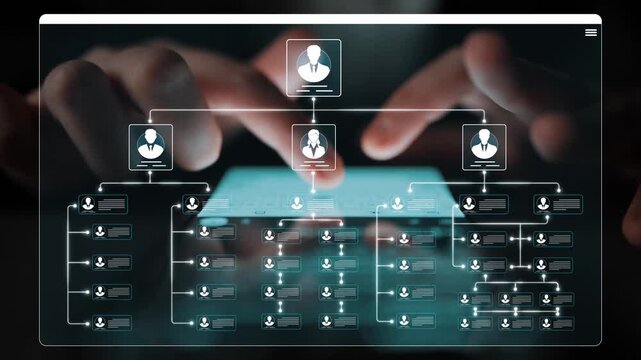 Person interacting with digital interface showcasing organizational structure and network connection on smart device with futuristic design and technology concept Sigmoid