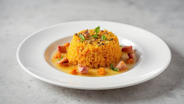Couscous and pumpkin timbale with ham on a white plate against a grey backdrop.