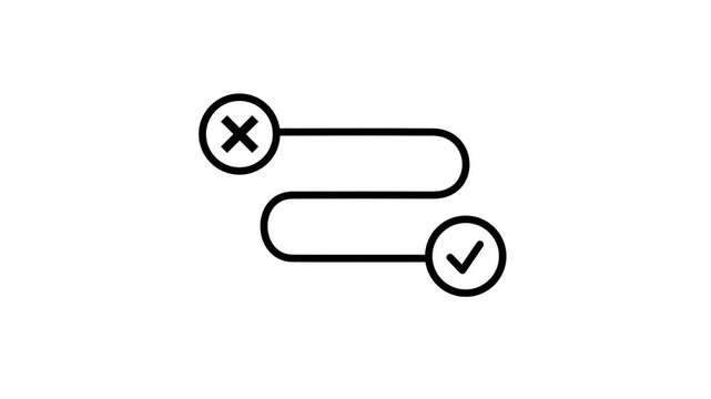 Outline icon of a curved path with a cross circle at the start and a checkmark circle at the end representing approval workflow