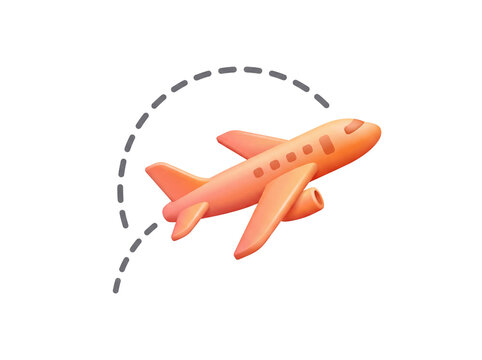 Orange airplane with dotted flight path 3d render illustration on transparent background aeroplane aircraft