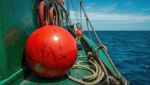 Crimson buoy tethered on emerald vessel's deck.