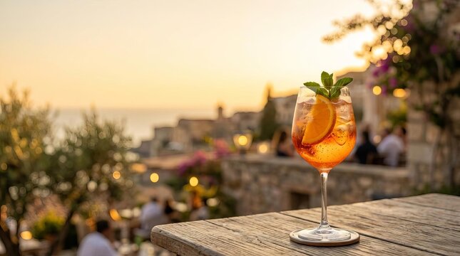 Evening Drink, Cocktail Glass, Coastal Terrace, Photography, Warm Sunset, Close-up, Relaxation