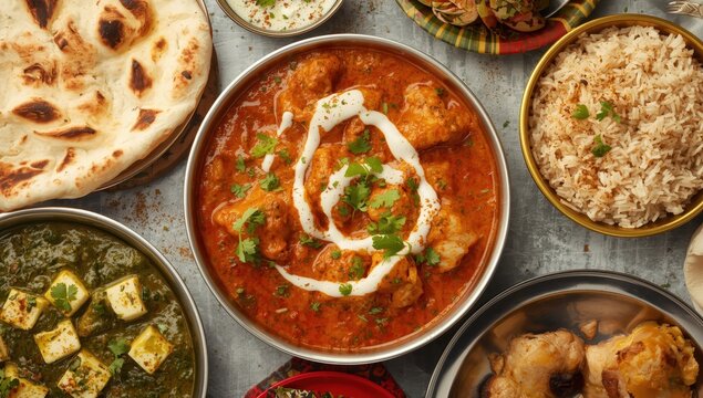 Curries of chicken tikka masala and saag paneer on the table.