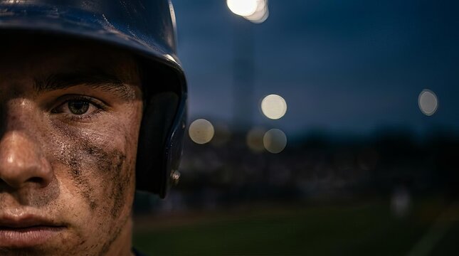 Intense Baseball Game, Player Focused Portrait, Stadium, Photo Scene, Night, Close-Up, Emotion