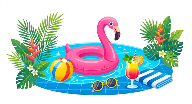 Tropical summer pool party vector, pink flamingo float and beach ball in blue water, exotic palm leaves with cocktail and sunglasses
