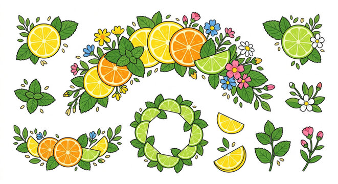 Citrus fruit and floral vector elements, lemon orange and lime slices with mint leaves, summer botanical border and wreath set for packaging design