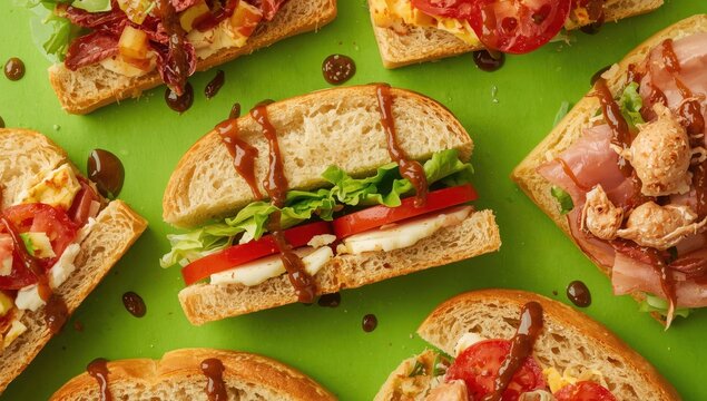 Delicious ciabatta subs and sauce on a green backdrop, zoomed in.
