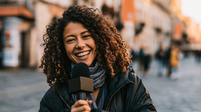 Joyful reporter smiles while holding microphone outdoors, urban background.