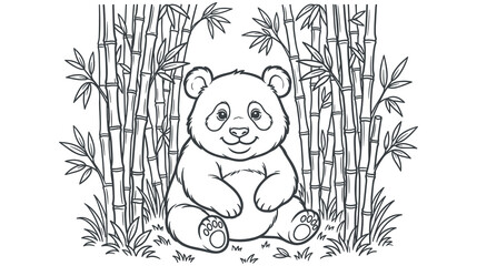 Adorable panda bear sitting in bamboo forest black and white line drawing. © MDTAZBIRHOSSAIN
