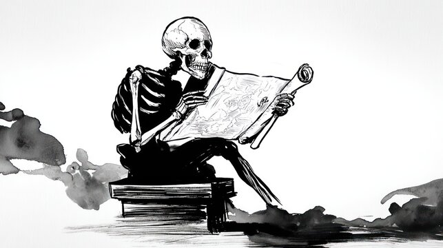 Skeleton reading scroll black and white illustration symbol of mortality