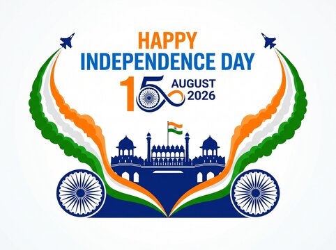 Festive Indian Independence Day 2026 design with Red Fort, tricolor jet smoke trails, Ashoka Chakra, and 15 August celebration theme.