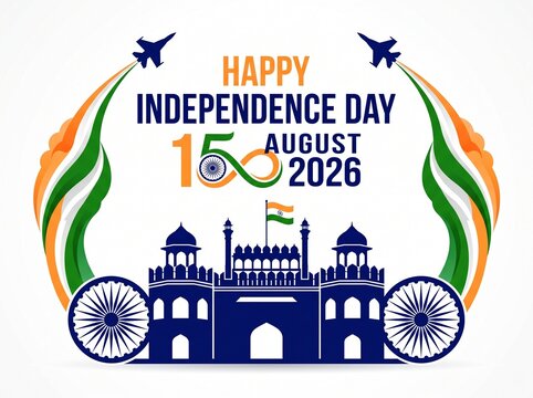 Happy Independence Day India 2026 poster with Red Fort silhouette, tricolor smoke trails from jets, Ashoka Chakra, and festive graphics.