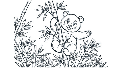 Cute panda character climbing bamboo forest in line art vector style. © MDTAZBIRHOSSAIN