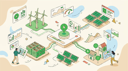 Fototapeta premium Isometric Smart Grid Illustration with Renewable Energy and Data Monitoring