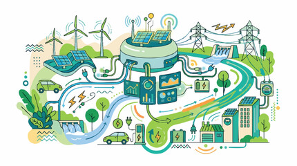 Fototapeta premium Renewable Energy Smart Grid Illustration with Solar, Wind, and Hydro Power for Sustainable Future Cities